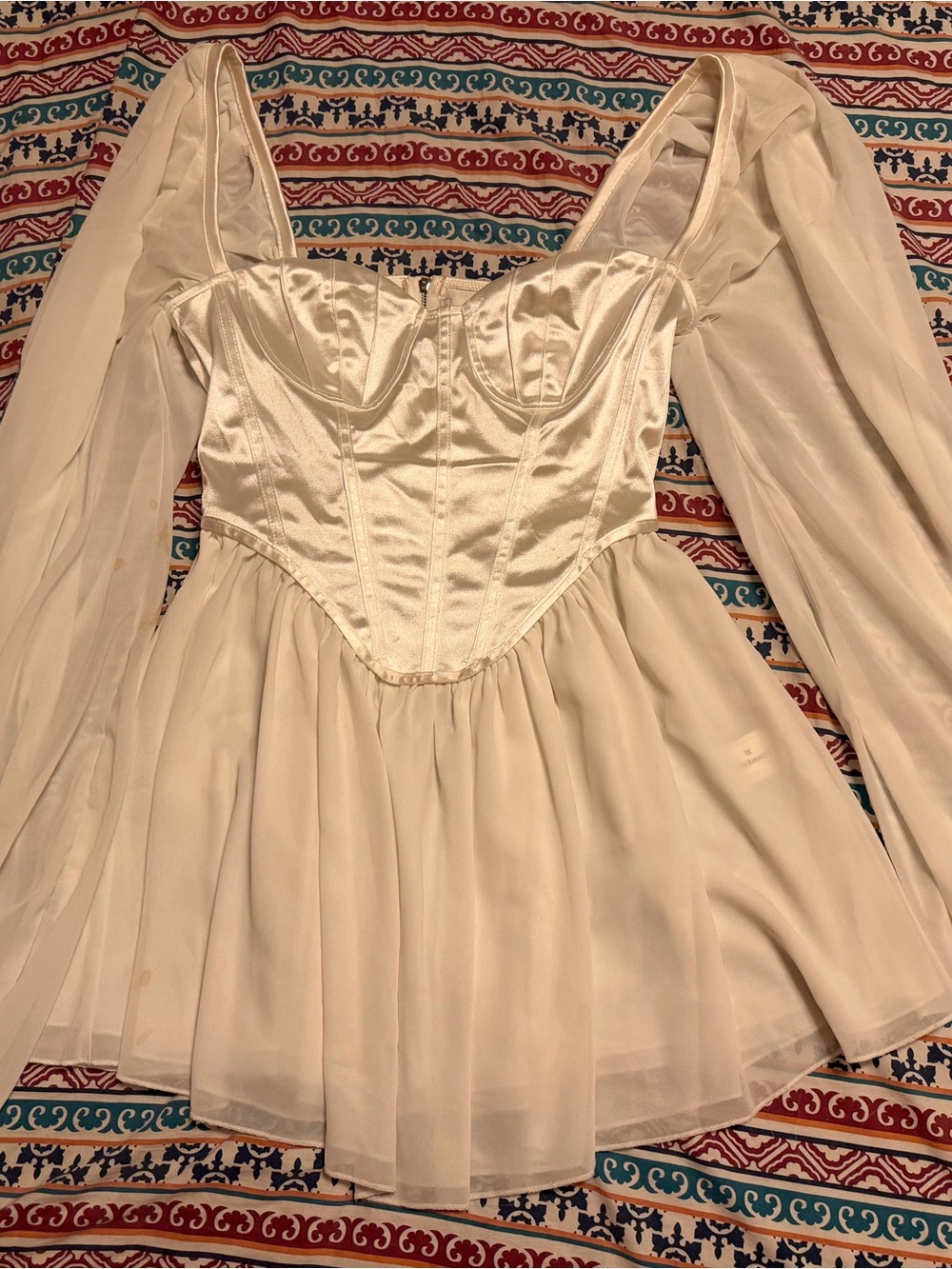 Commense Ivory Satin Corset Mini Dress with Sheer Sleeves
